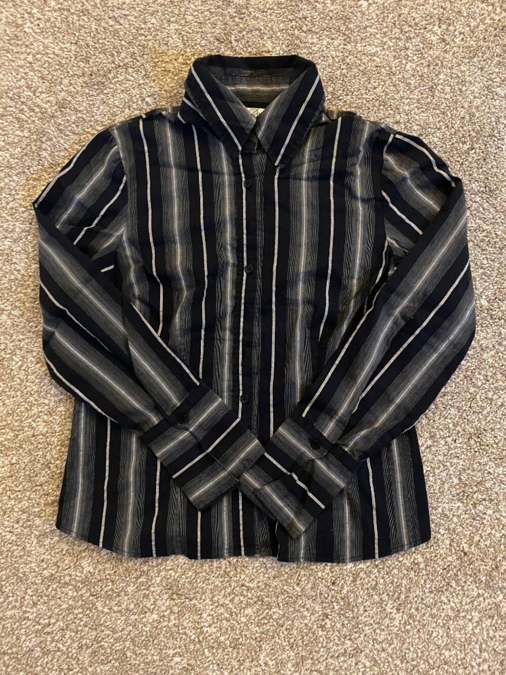 Vintage Women 90s Fred David Stretch Striped Shirt Medium Made in Hong Kong Y2K